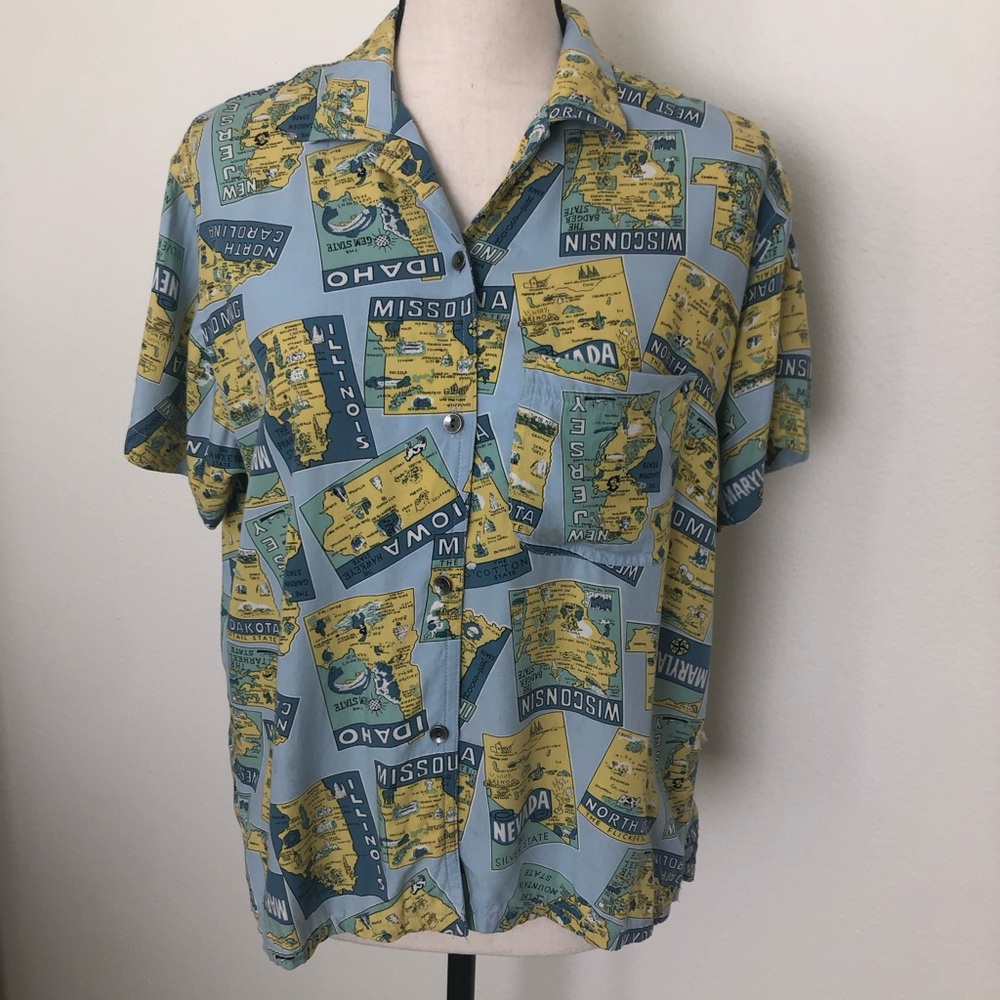 Vintage Liz Claiborne State Maps Button Down Shirt